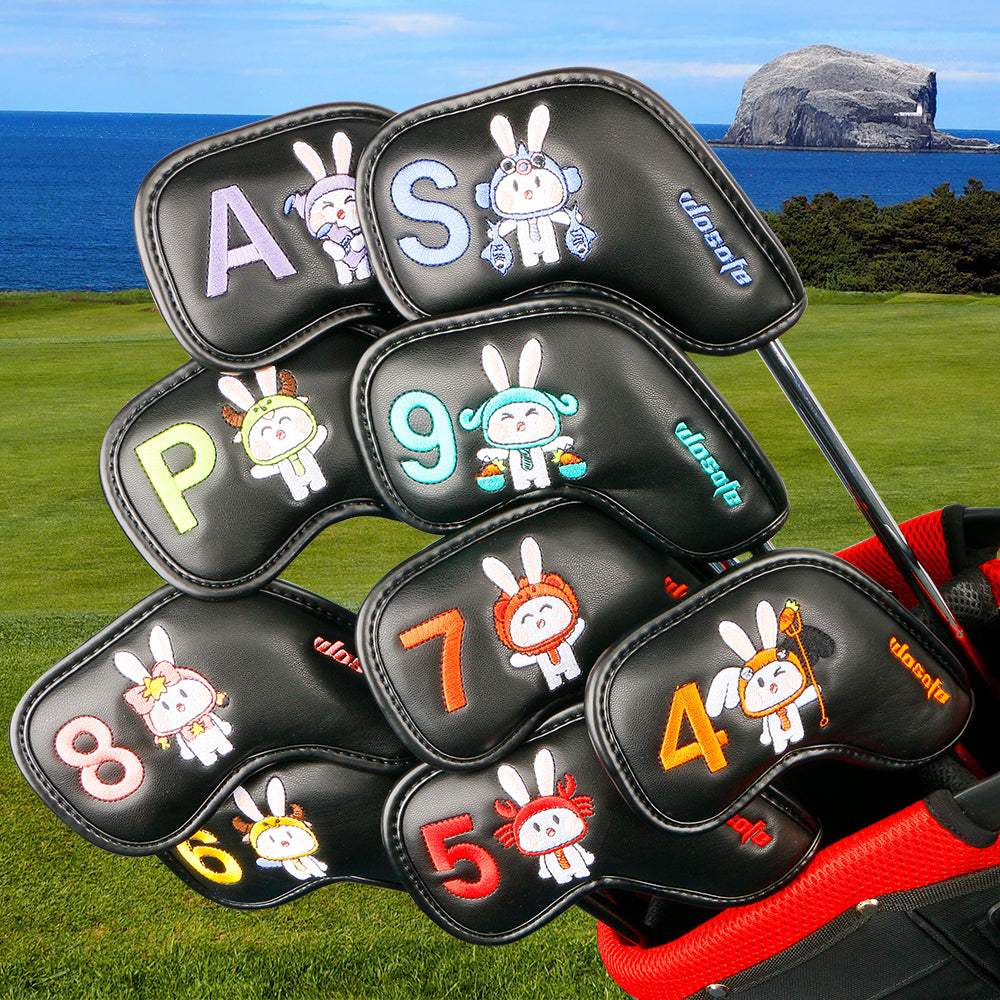 Lucky Rabbit Embroidery Golf Iron Headcovers Set - 9pcs Premium Waterproof PU Leather Protectors with Secure Velcro Closure, High-Density Stitching, Black & White