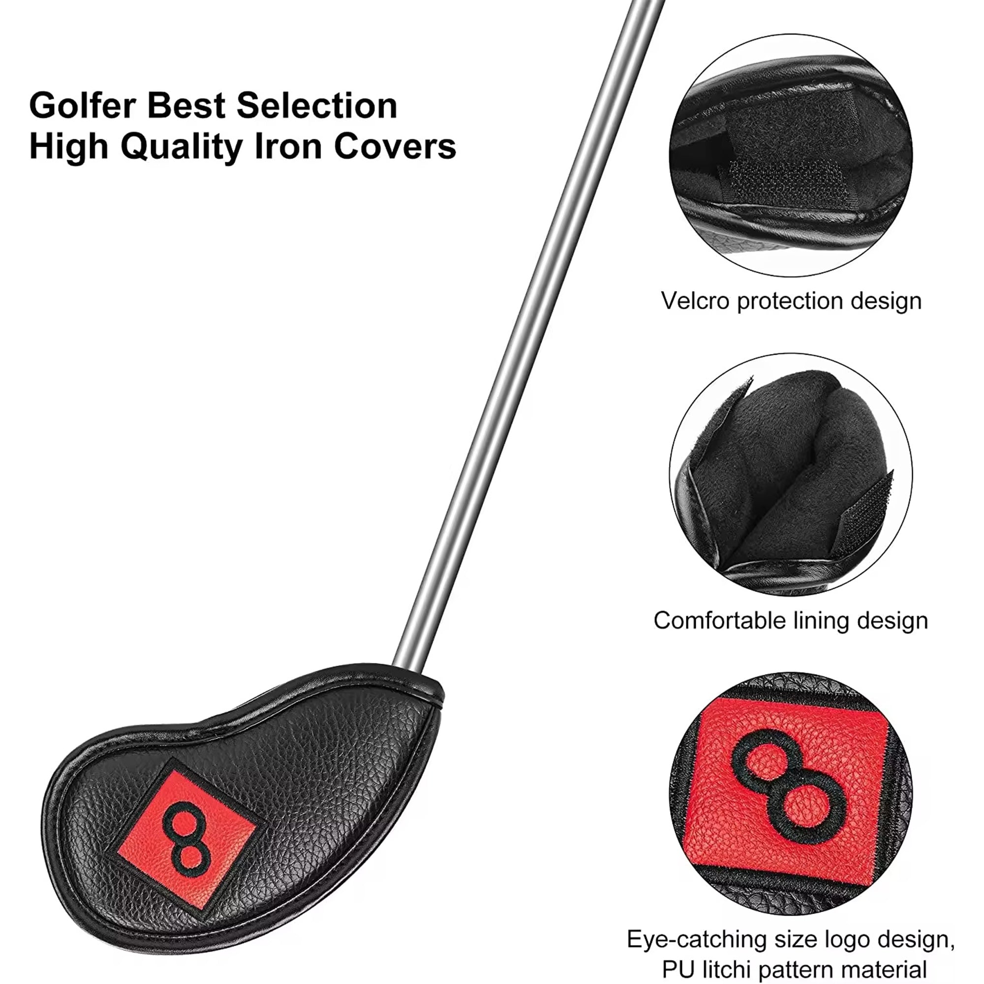 Premium PU Leather Golf Iron Club Head Covers 10PCS/SET Fits Most Clubs Embroidered Club Label Golf Headcover