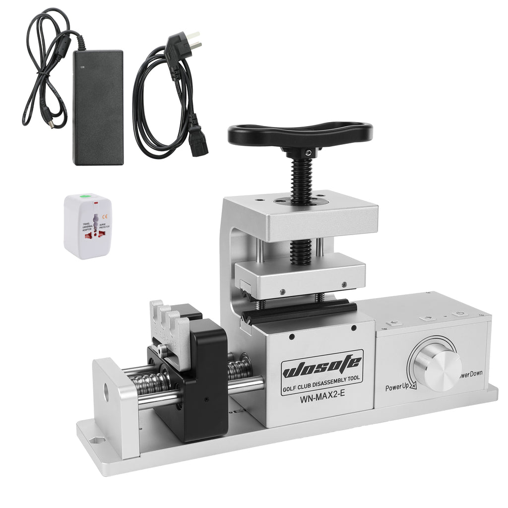 WOSOFE Electric Golf Club Vise Clamp with Automatic Push-Off, Heavy-Duty Aluminum Shaft Clamp for Grip Removal & Clubhead Replacement, Includes 72W 24V/3A Power Adapter, Professional Golf Maintenance Station