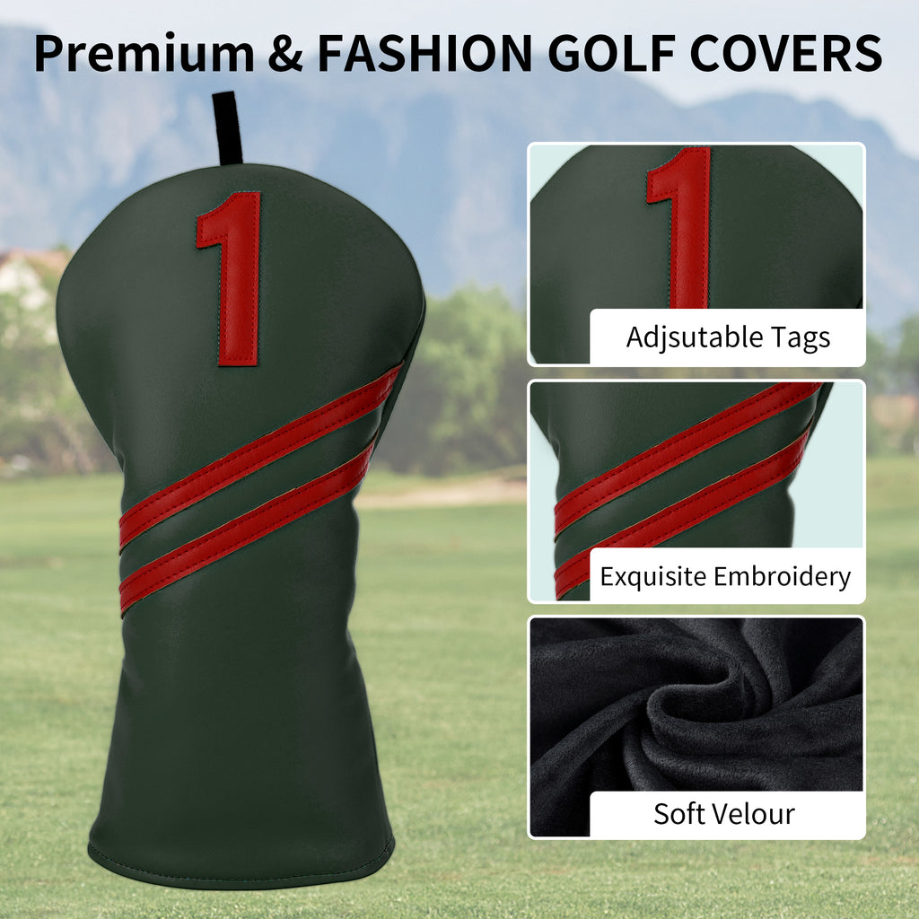 Minimalist 4pc Golf Headcover Set - Premium Waterproof PU Leather Wood Club Covers (Driver, 3/5 Fairway, Hybrid) with High-Quality Applique Embroidery & Velvet Lining, 5 Colors