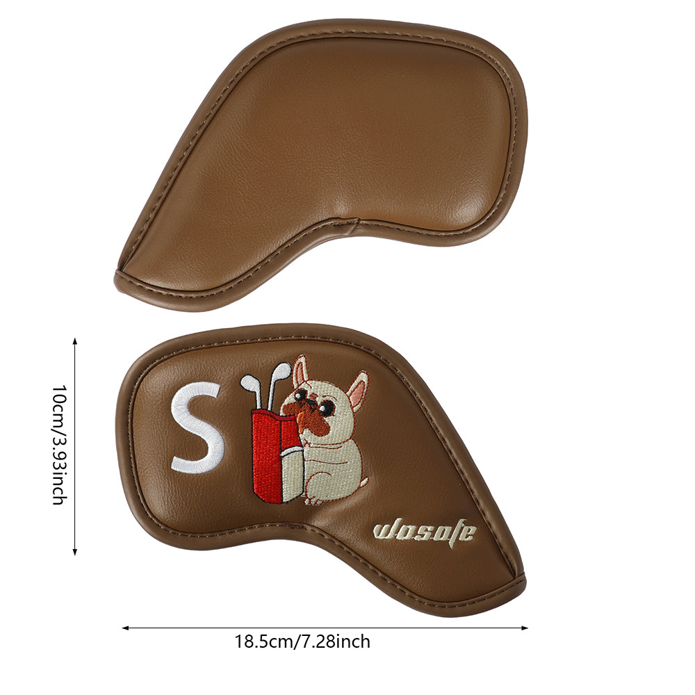 High Quality PU Golf Headcover, Embroidered French Bulldog Design Iron Club Golf Head Cover Set 9pcs Waterproof Durable Effective Protection Club