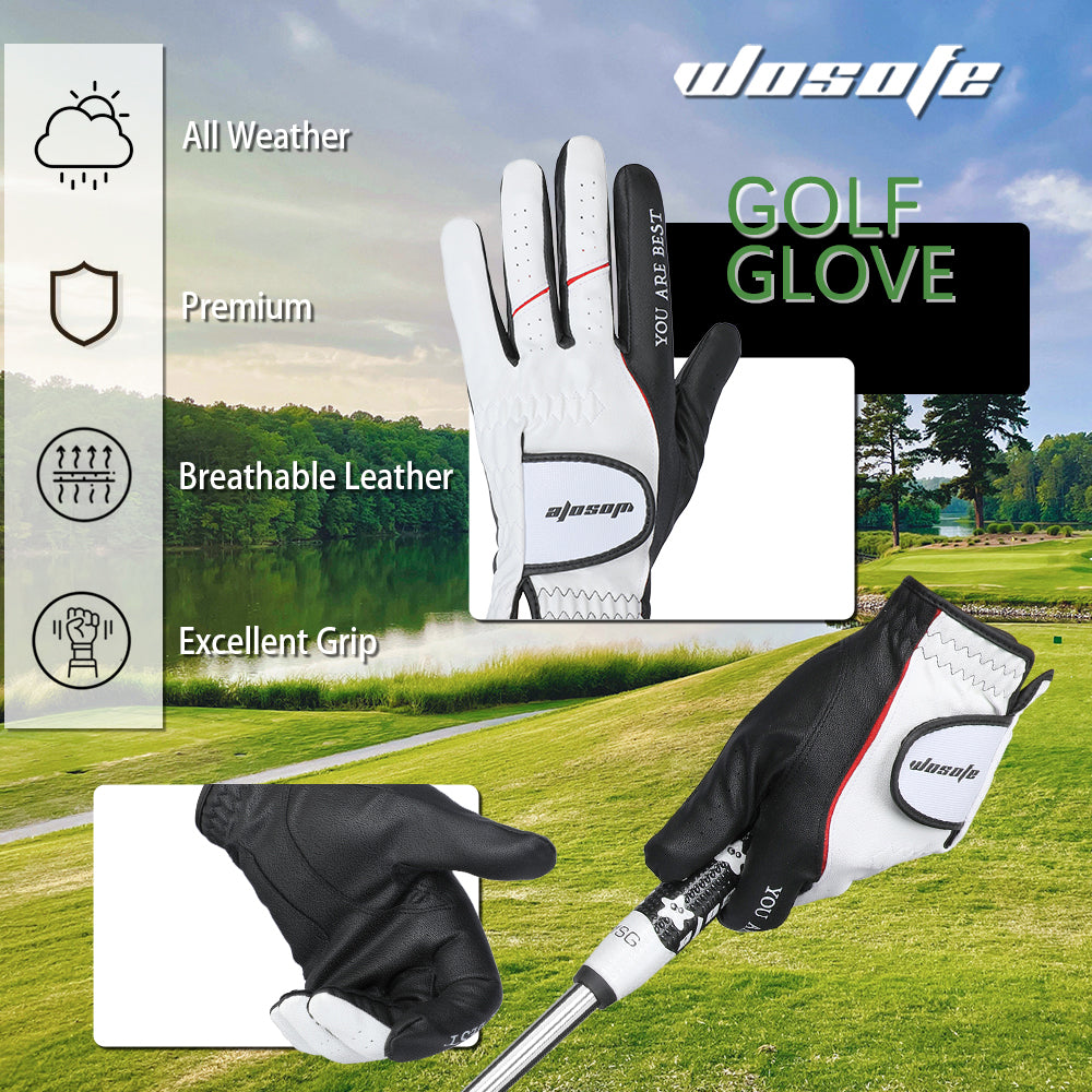 Golf Gloves Left Hand Men's Premium White Black PU Leather Durable Breathable Design