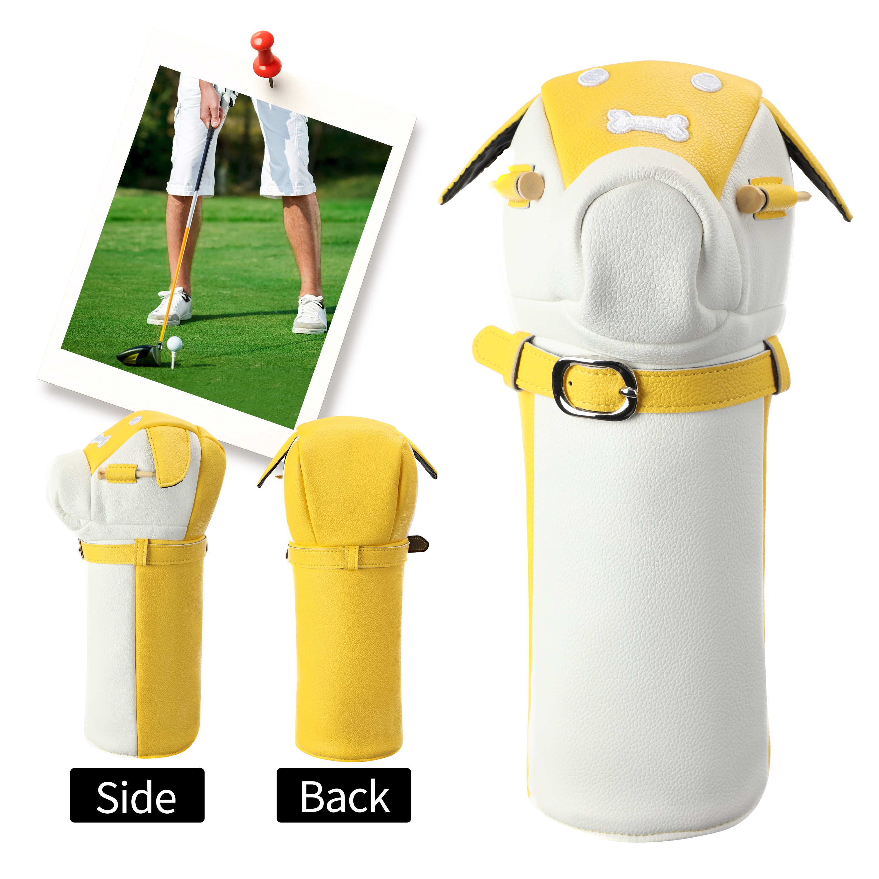 Wosofe Cute Dog Motif Golf Driver Headcover - Premium Smooth PU Leather Wood Club Protector with Quilted Stitching & Velvet Lining, Fits All 460cc Drivers, 4 Colors Available - driver cover - Durable & High Performance