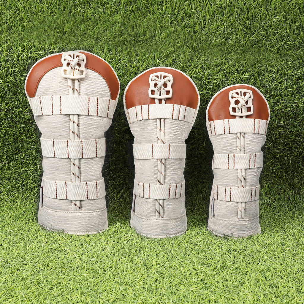 Tactical Canvas & PU Leather Golf Headcover Set - 3pc Wood Club Covers (Driver, Fairway, Hybrid) with Integrated Tee Holder Ribbon & Black Velvet Lining, Fits All Major Brands