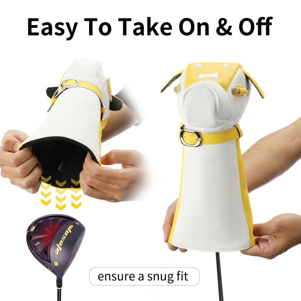 Wosofe Cute Dog Motif Golf Driver Headcover - Premium Smooth PU Leather Wood Club Protector with Quilted Stitching & Velvet Lining, Fits All 460cc Drivers, 4 Colors Available - driver cover - Essential for Golf Enthusiasts