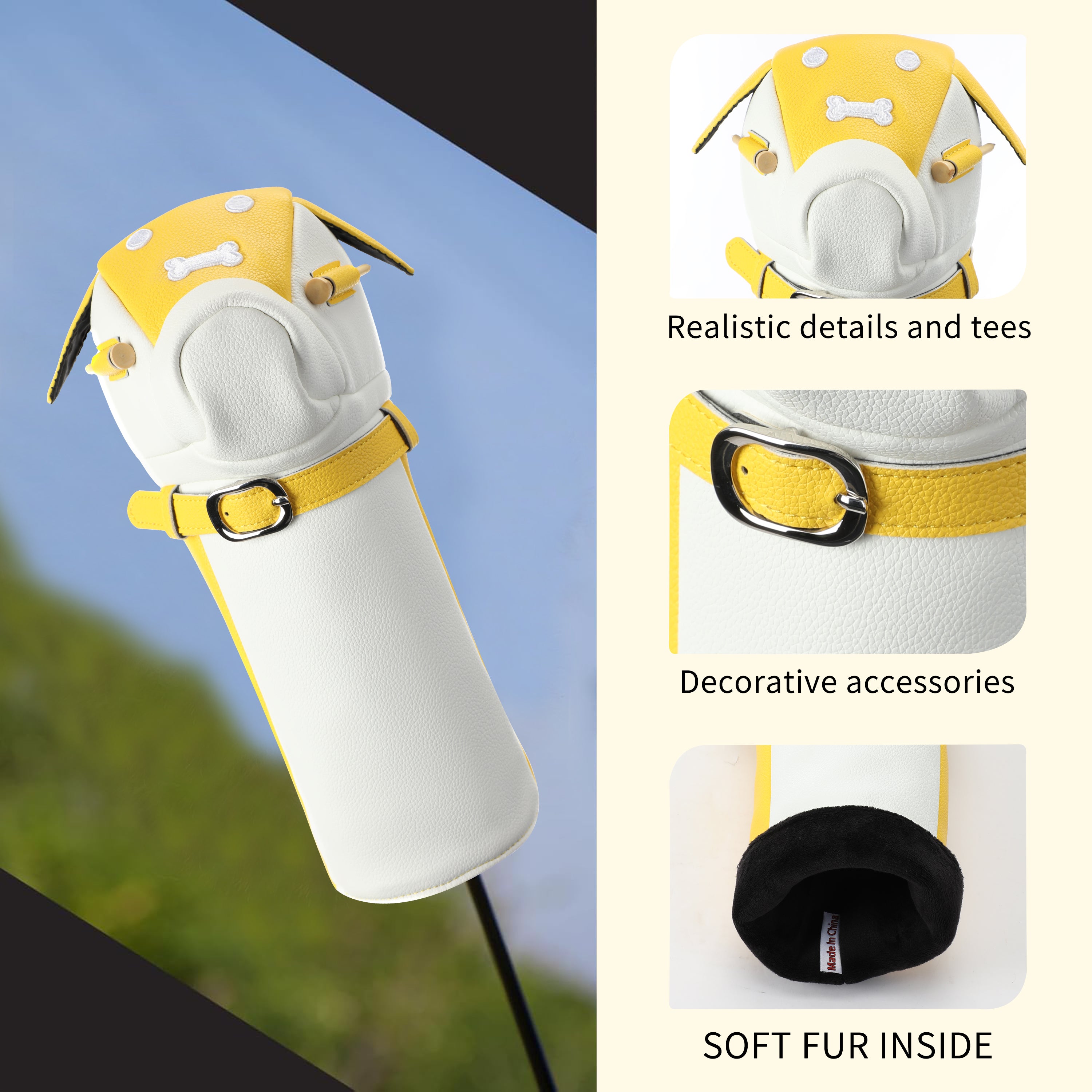 Wosofe Cute Dog Motif Golf Driver Headcover - Premium Smooth PU Leather Wood Club Protector with Quilted Stitching & Velvet Lining, Fits All 460cc Drivers, 4 Colors Available - driver cover - Precision Design