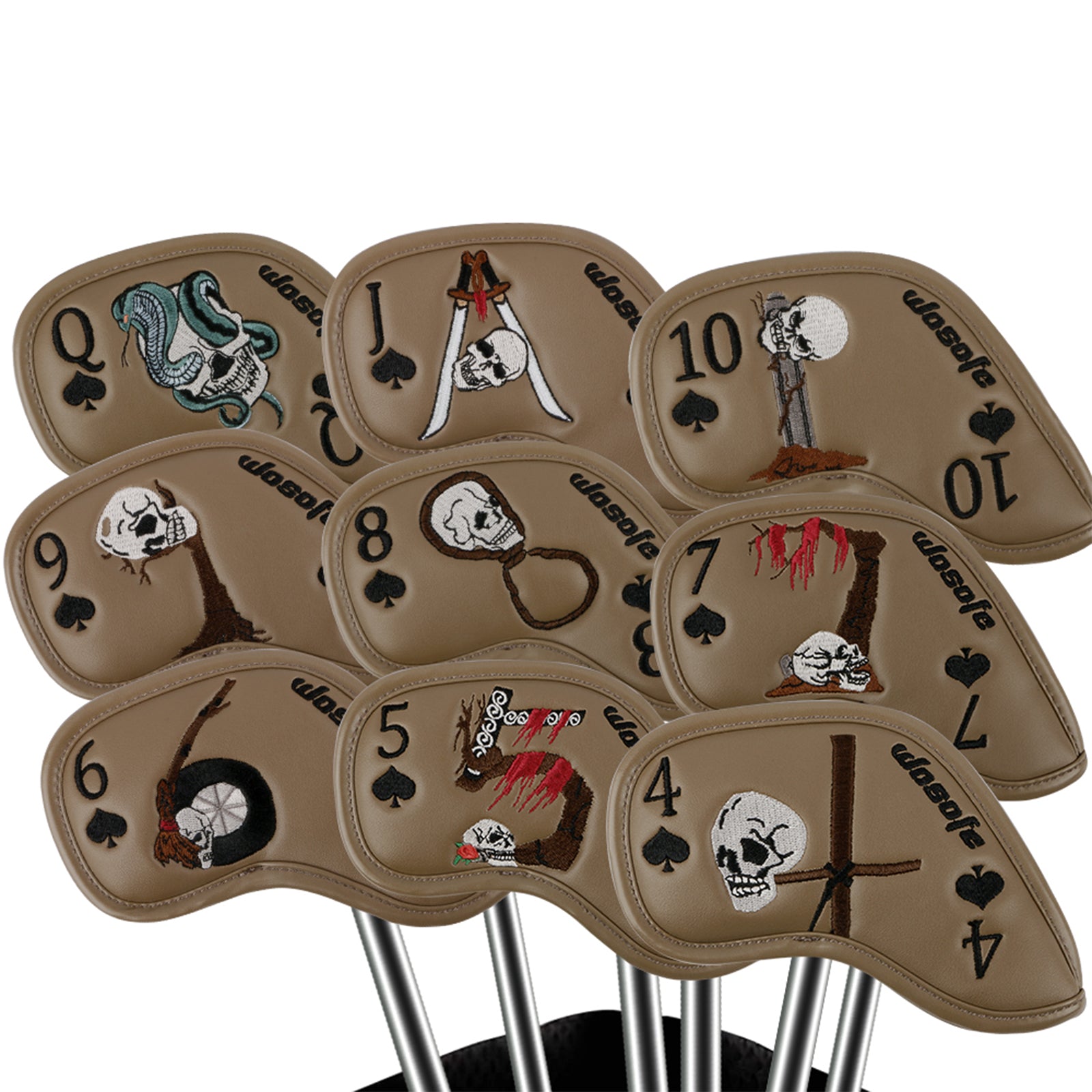 Golf Iron Headcover 9pcs Thick Synthetic Leather Golf Iron Head Covers Set Fit All Brands Skull Theme Embroidery Iron Cover Set