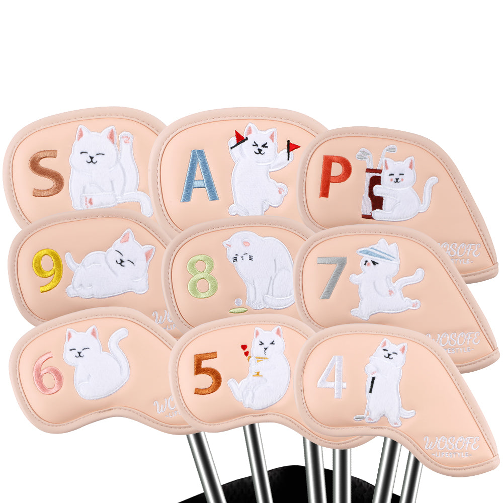 Golf Headcovers,Premium PU Leather  Waterproof Durable High-density Embroidered Club Label And Cat Pattern Club Head Cover Set of 9 Fits Most Clubs