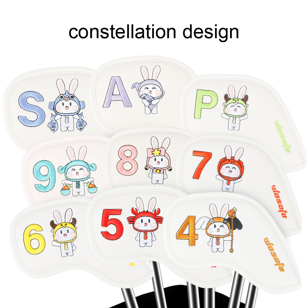 Lucky Rabbit Embroidery Golf Iron Headcovers Set - 9pcs Premium Waterproof PU Leather Protectors with Secure Velcro Closure, High-Density Stitching, Black & White