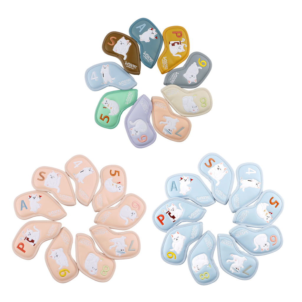 Lucky Cat Embroidery Golf Iron Headcovers Set - 9pcs Premium Waterproof PU Leather Club Protectors with Soft Lining, Fits All Major Iron Brands