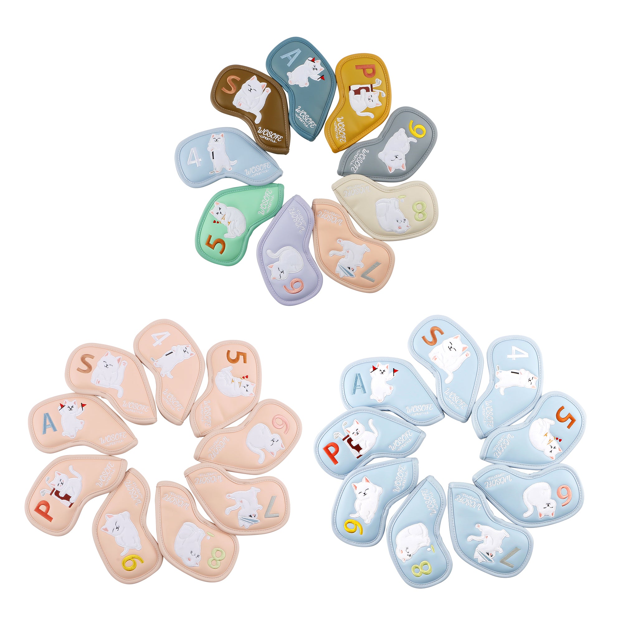 Lucky Cat Embroidery Golf Iron Headcovers Set - 9pcs Premium Waterproof PU Leather Club Protectors with Soft Lining, Fits All Major Iron Brands