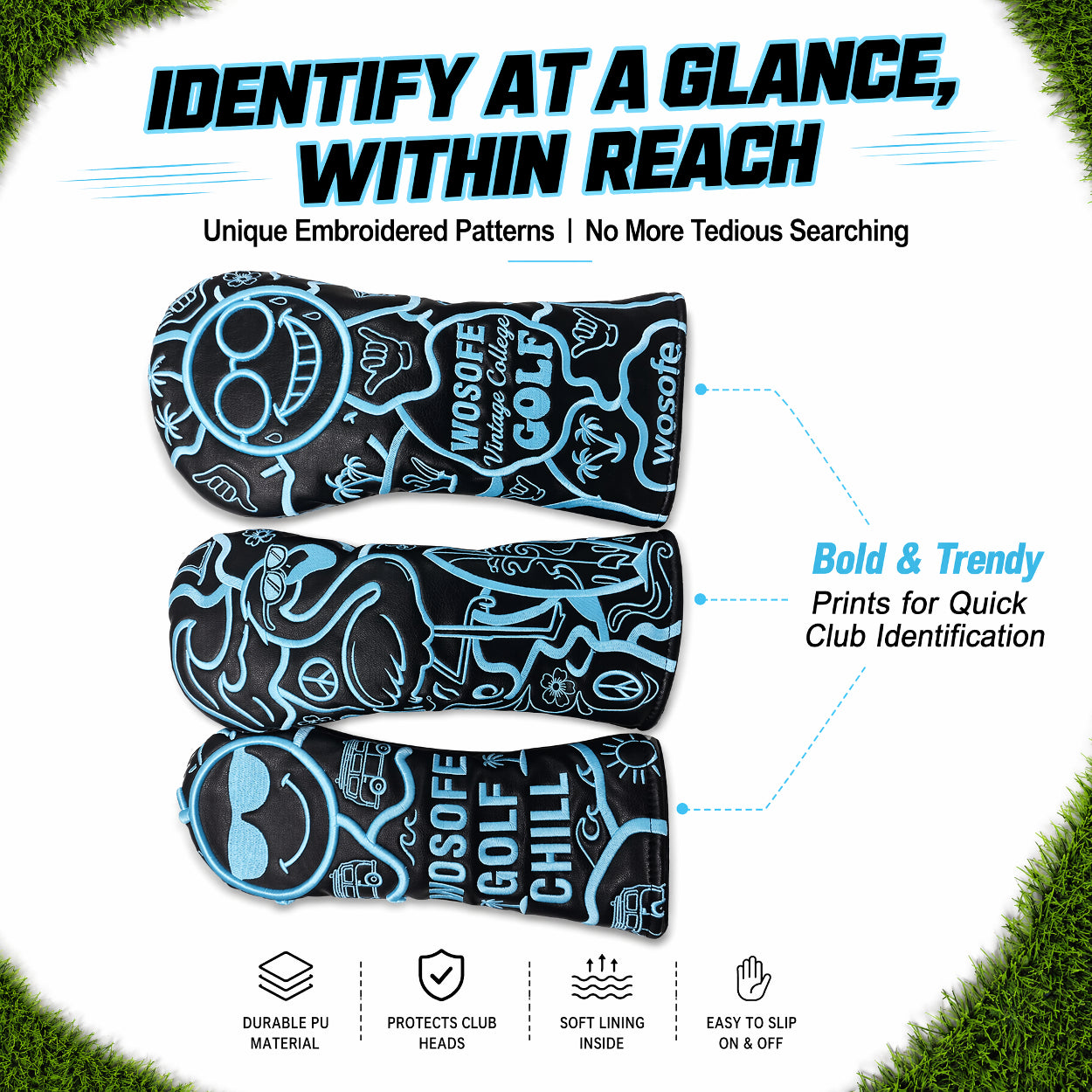 Wosofe Premium 3Pcs Golf Wood Headcover Set-3D Embroidered
