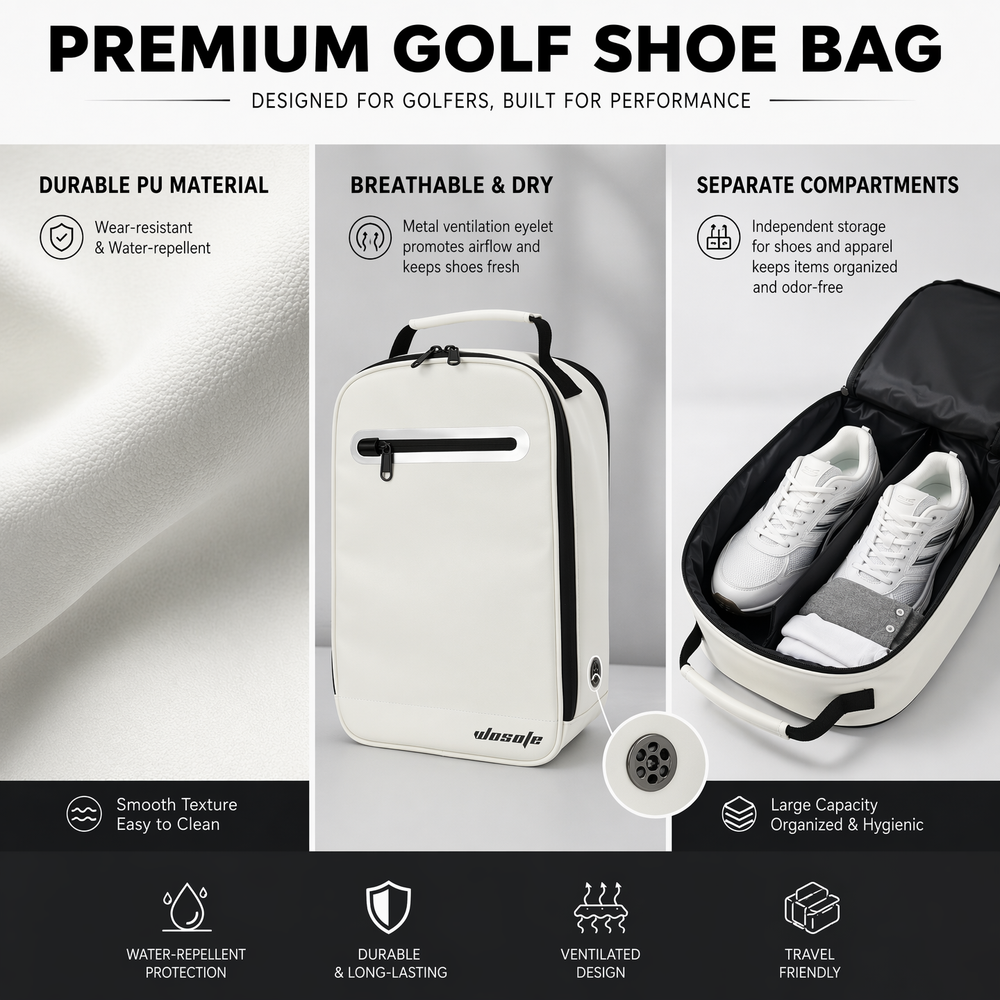 WOSOFE Eco-Friendly Leather Golf Shoe Bag - Premium Travel Storage with Large Capacity