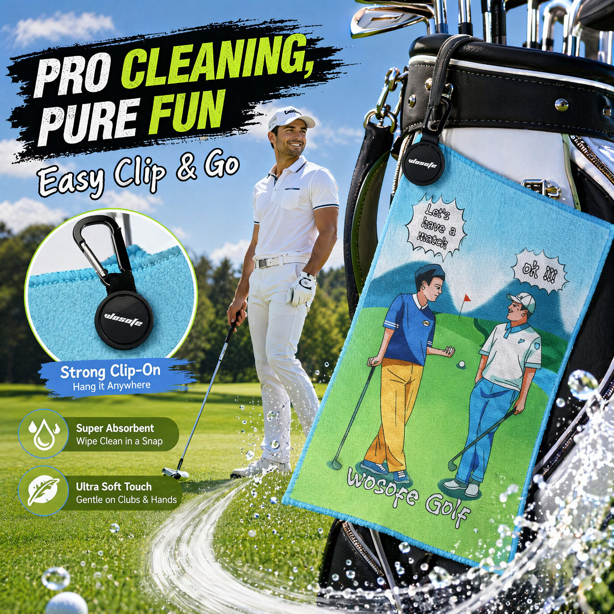 Funny Comic Golf Match Print Golf Towel with Clip, Quick Dry Microfiber Waffle Golf Bag Towel Novelty Gift for Golfers