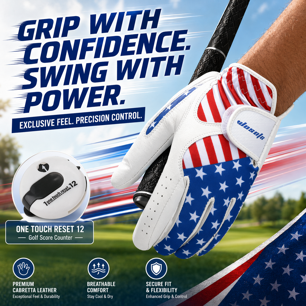 Golf Gloves Men's Left Hand Cabretta Leather with Score Counter USA Flag White Soft Breathable Professional Mini