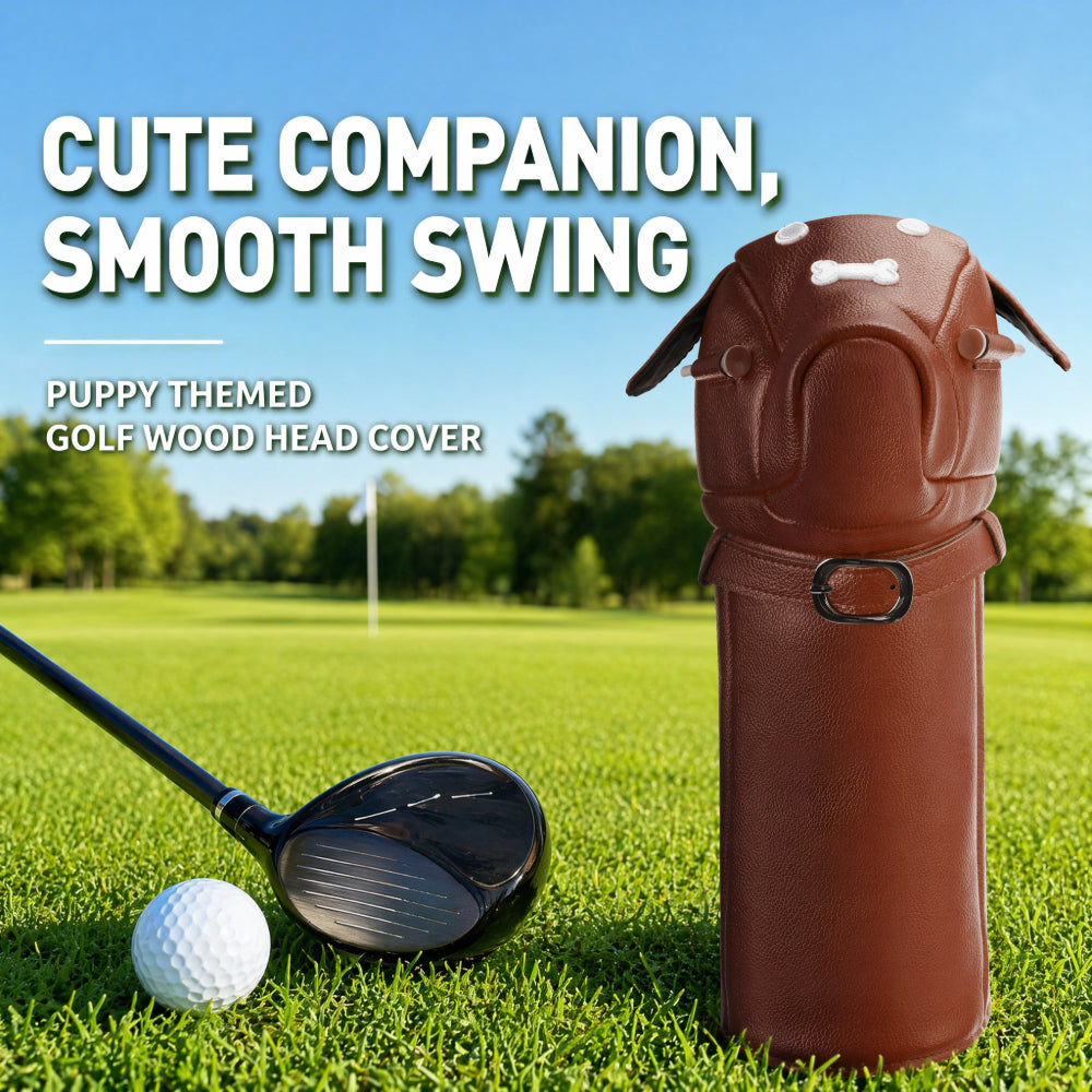 Cute Dog Motif Golf Driver Headcover - Premium Smooth PU Leather Wood Club Protector with Quilted Stitching & Velvet Lining, Fits All 460cc Drivers, 4 Colors Available