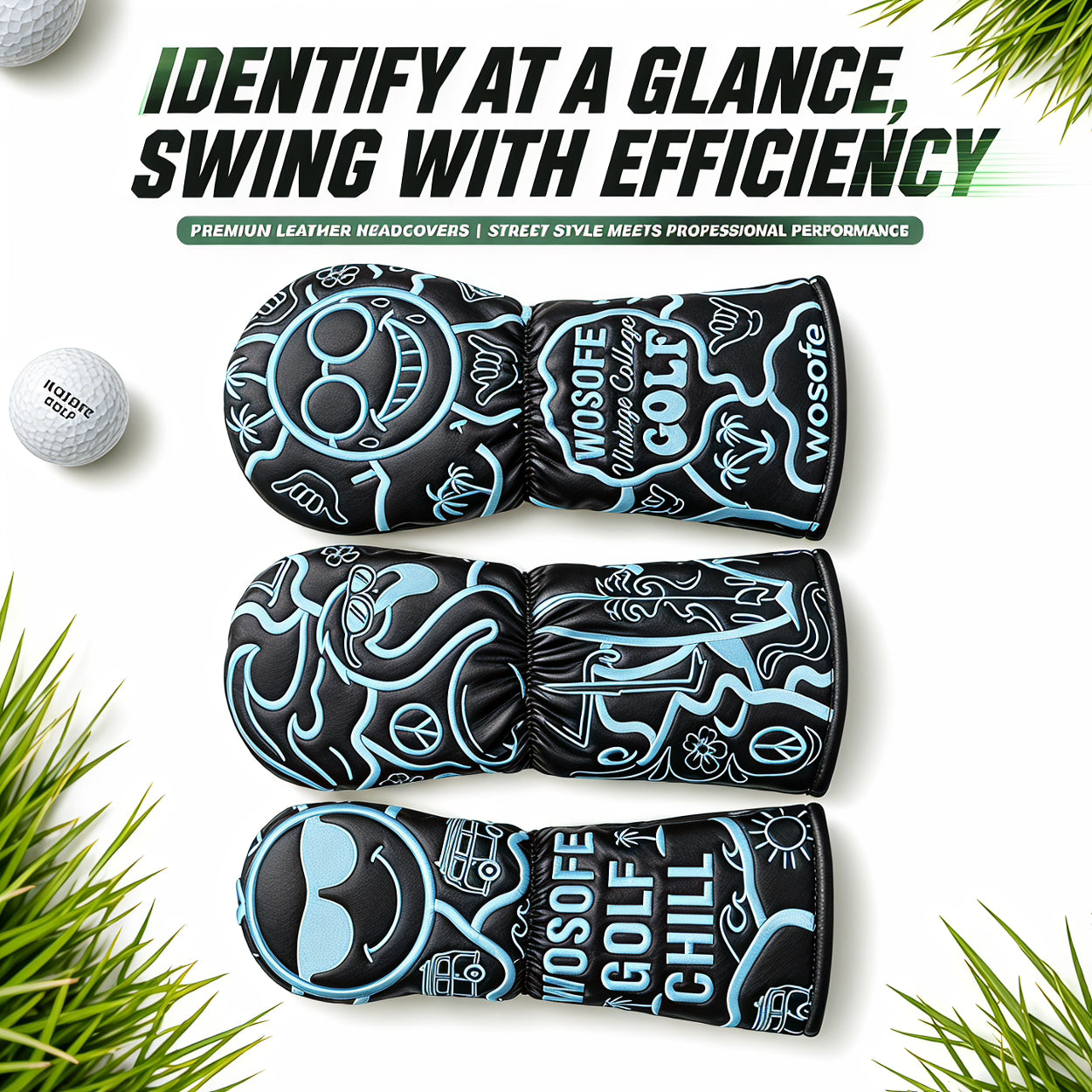 Wosofe Premium 3Pcs Golf Wood Headcover Set-3D Embroidered