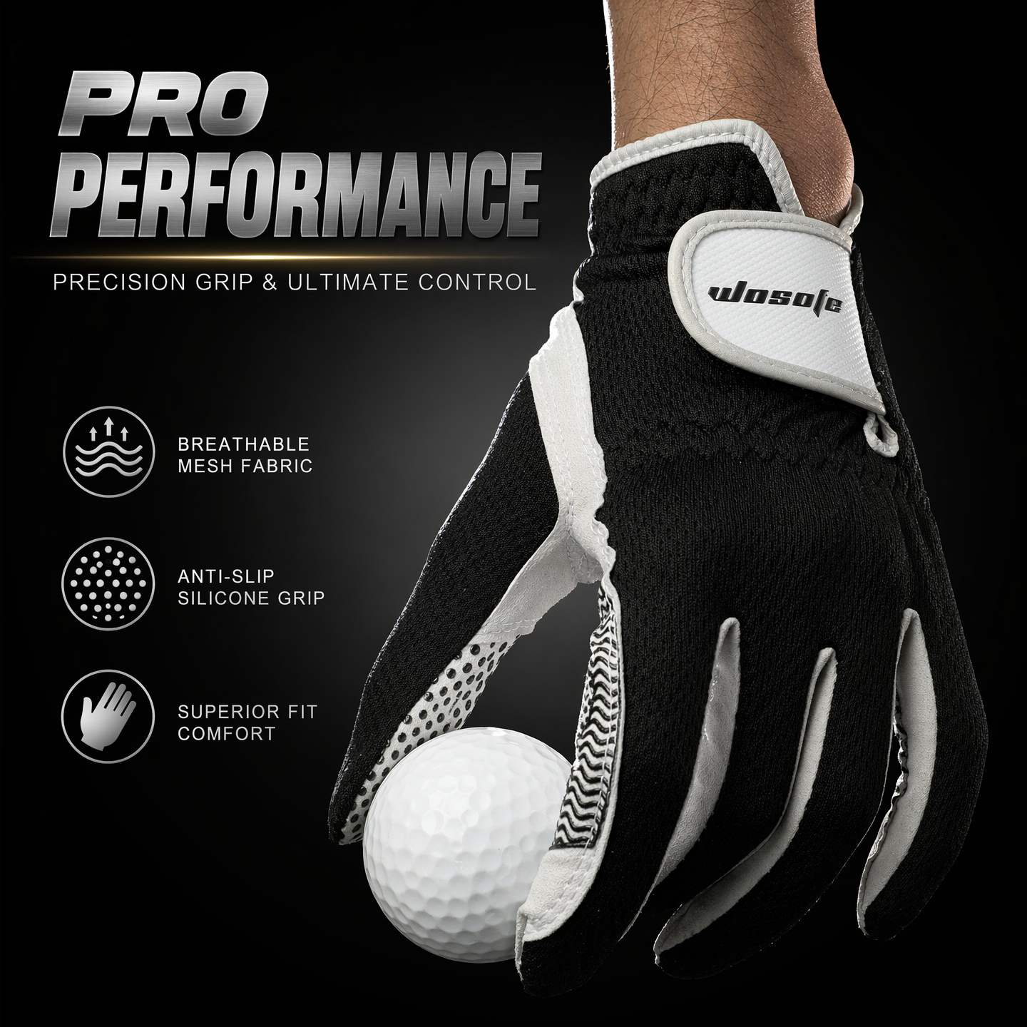 Golf Glove Mens Left Hand Gray Black Premium Super Fiber Cloth Weathersof Grip Soft Comfortable Perfect for Gift