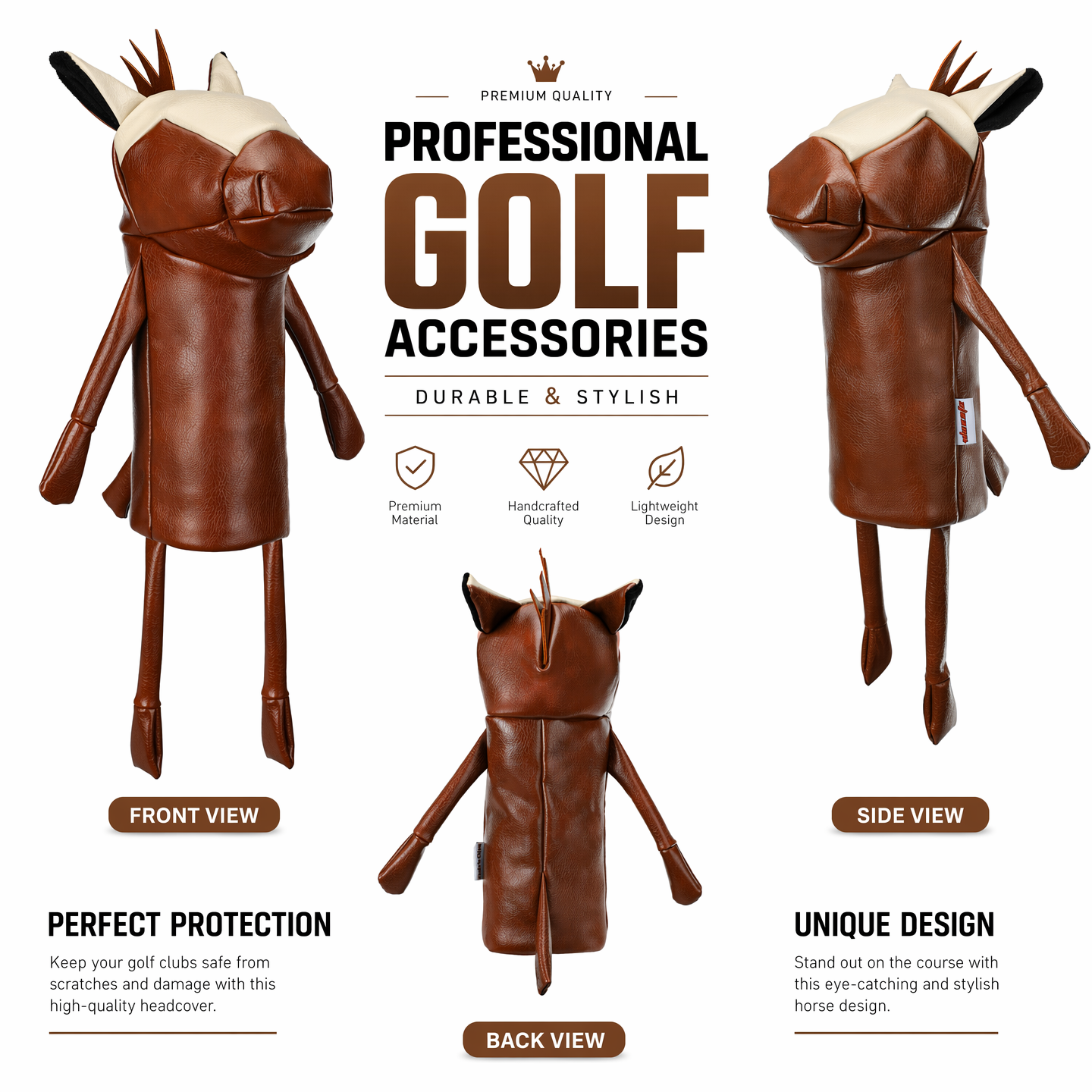 Minimalist Pony Quilted Stitching Golf Driver Headcover - Premium Smooth PU Leather Wood Club Protector, Waterproof & Velvet Lined, Fits All 460cc Drivers, 4 Colors
