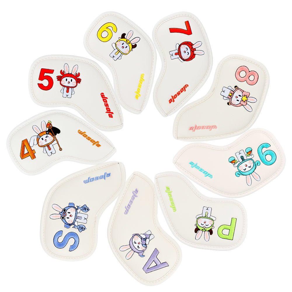 Lucky Rabbit Embroidery Golf Iron Headcovers Set - 9pcs Premium Waterproof PU Leather Protectors with Secure Velcro Closure, High-Density Stitching, Black & White