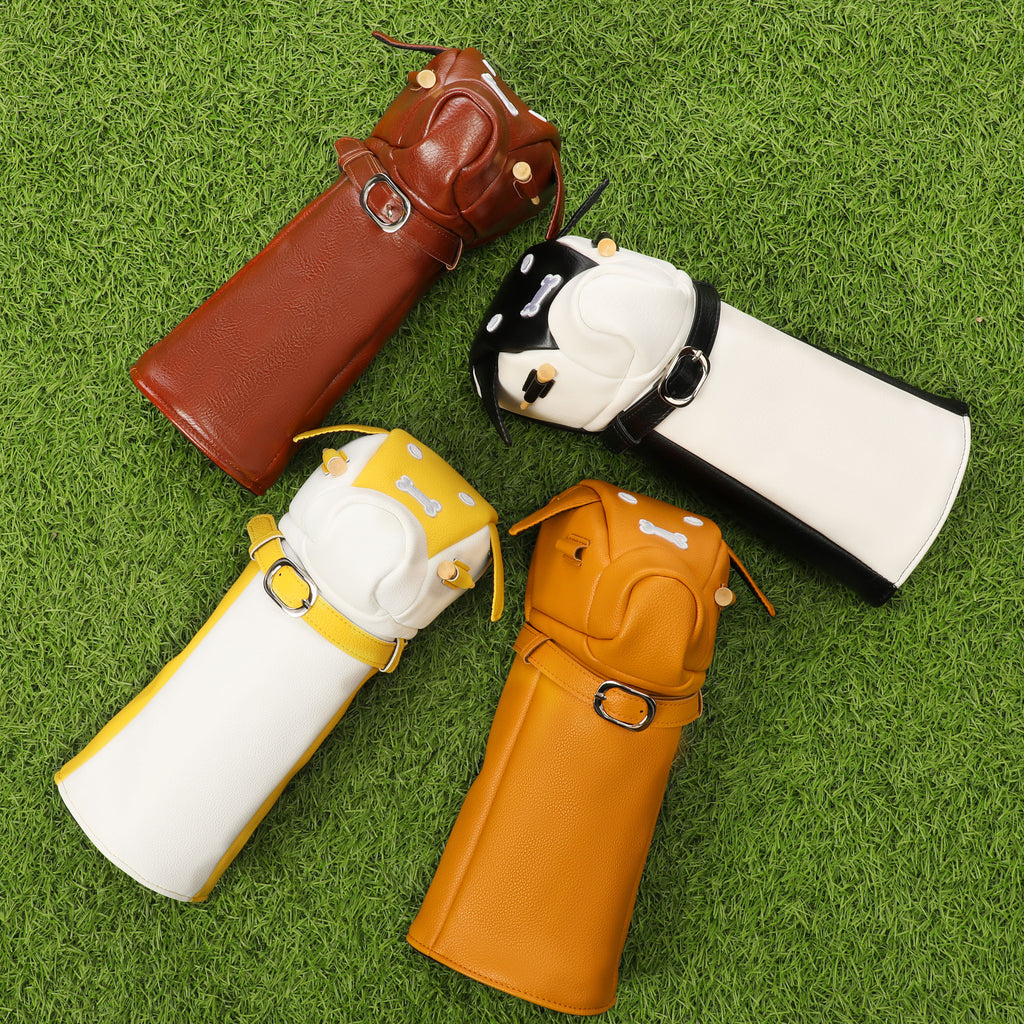 Wosofe Cute Dog Motif Golf Driver Headcover - Premium Smooth PU Leather Wood Club Protector with Quilted Stitching & Velvet Lining, Fits All 460cc Drivers, 4 Colors Available - driver cover - Professional Golf Equipment