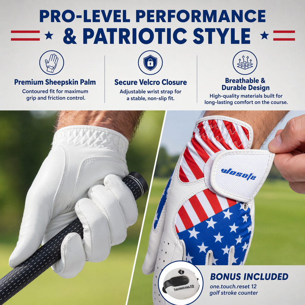 Golf Gloves Men's Left Hand Cabretta Leather with Score Counter USA Flag White Soft Breathable Professional Mini