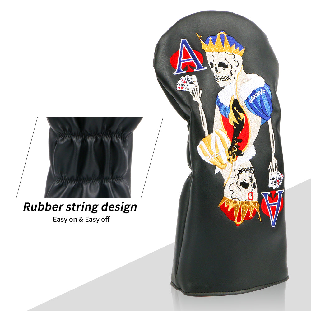 Golf wood headcover Scratch-proof waterproof furable fits 1/3/5 wood/UT skull playing card embroidery design