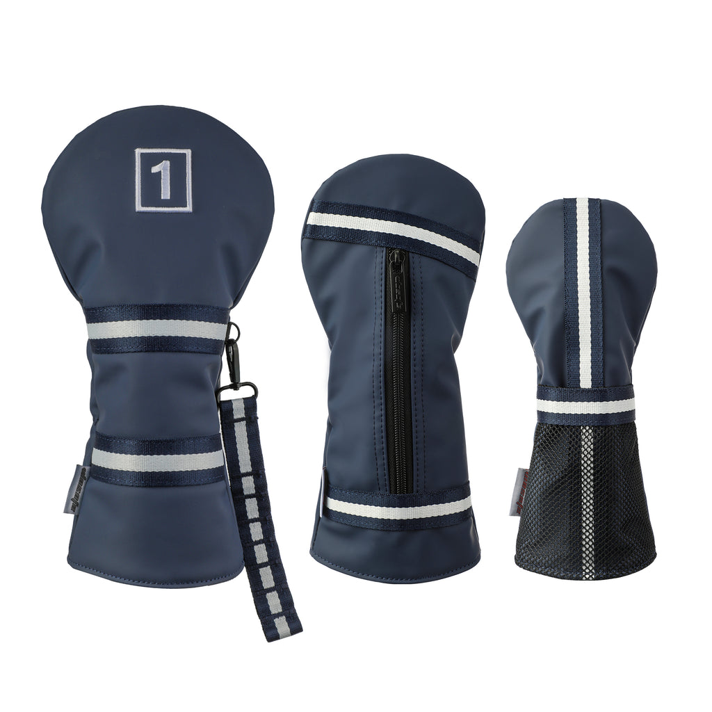 Matte Blue PU Leather Golf Headcover Set - 3pc Wood Club Covers (Driver, Fairway, Hybrid) with Mesh Pocket & Detachable Tee Holder Ribbon, Black Velvet Lining, Fits All Drivers & Woods