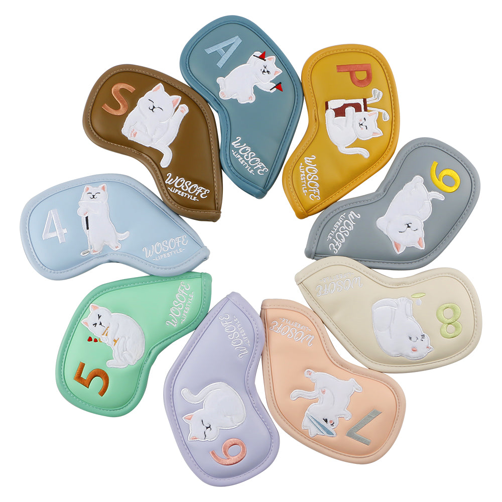 Wosofe Cute Plush Cat Embroidery Golf Iron Headcovers Set - 9pcs Premium Waterproof PU Leather Protectors with Secure Velcro Closure & Soft Velvet Lining, Fits All Major Brands - golf iron cover - Professional Golf Equipment