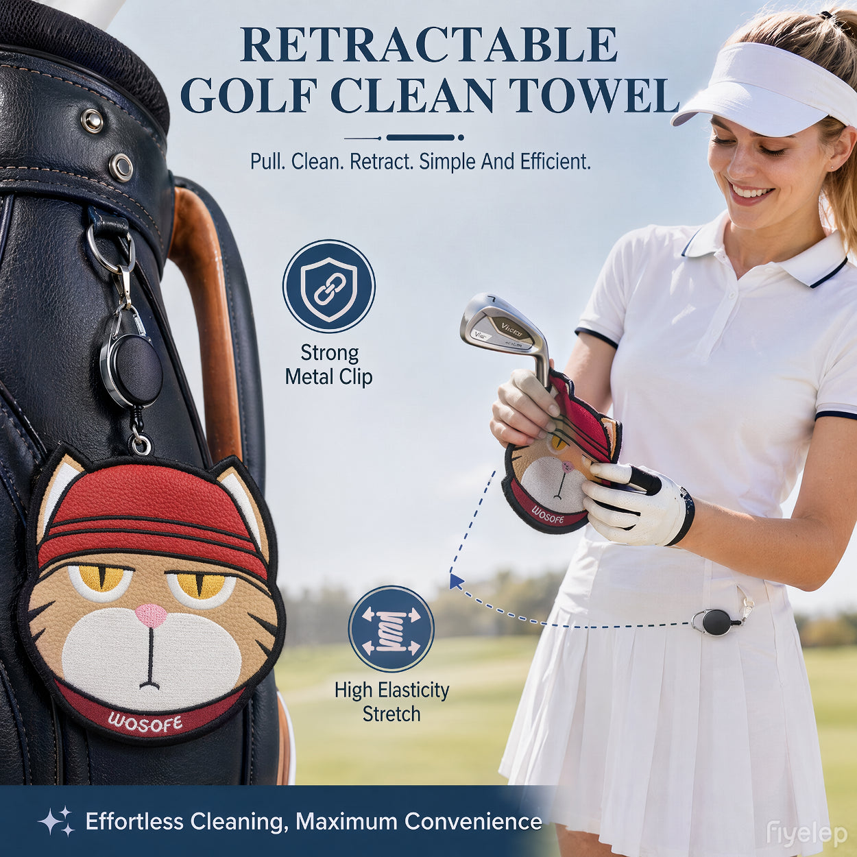 WOSOFE Cool Cat Golf Towel with Retractable Clip, Cartoon Tiger Cat Golf Ball Cleaner