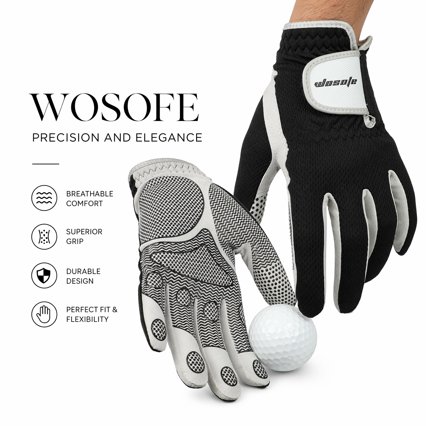 Golf Glove Mens Left Hand Gray Black Premium Super Fiber Cloth Weathersof Grip Soft Comfortable Perfect for Gift