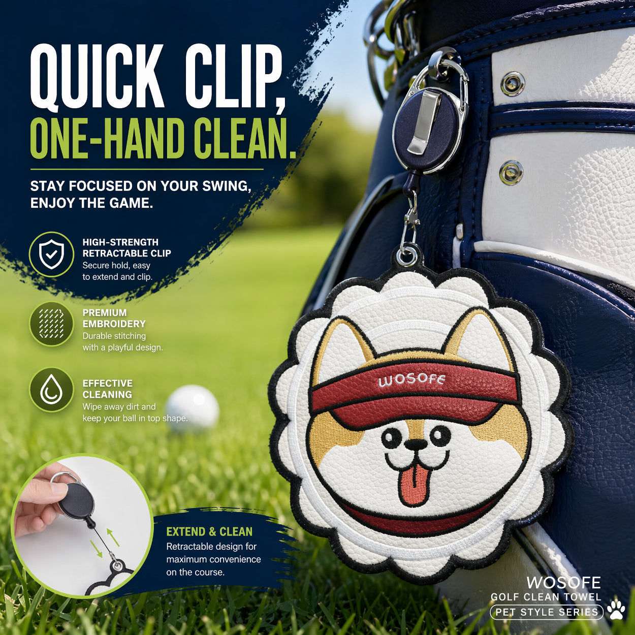 Cute Corgi Golf Towel with Retractable Clip, Microfiber Golf Ball Cleaner