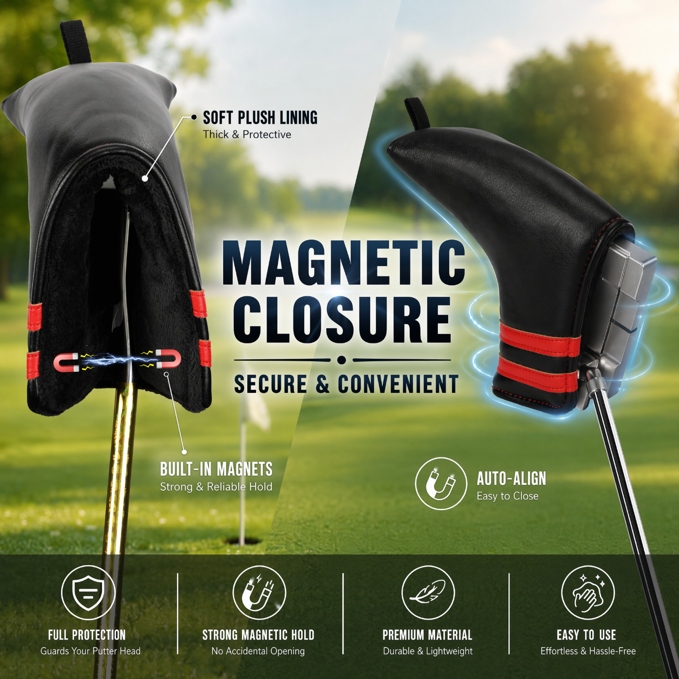 Premium Blade Putter Cover - Magnetic PU Leather Golf Headcover with Applique Embroidery & Velvet Lining, 5 Colors, Fits Scotty Cameron, Odyssey, Newport & Blade Putters