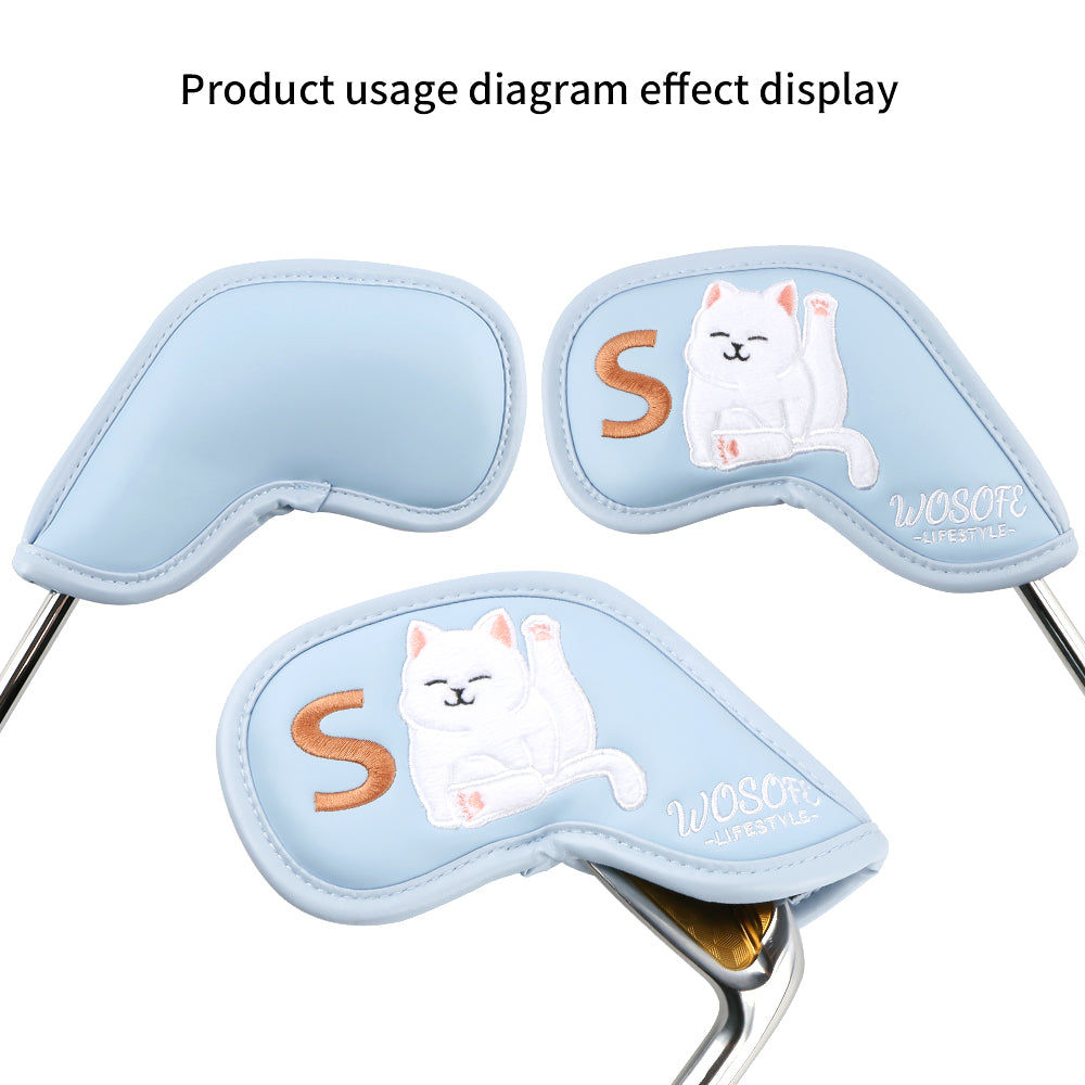 Cute Plush Cat Embroidery Golf Iron Headcovers Set - 9pcs Premium Waterproof PU Leather Protectors with Secure Velcro Closure & Soft Velvet Lining, Fits All Major Brands