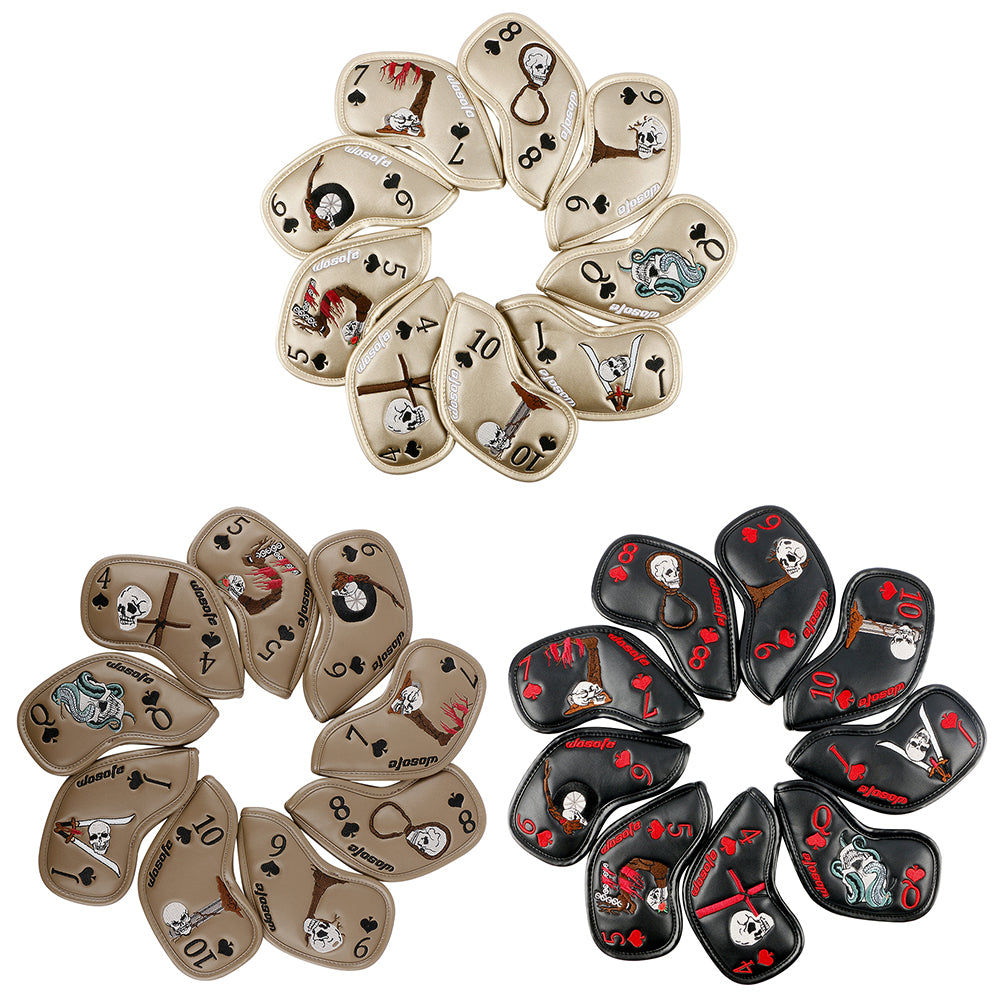 Golf Iron Headcover 9pcs Thick Synthetic Leather Golf Iron Head Covers Set Fit All Brands Skull Theme Embroidery Iron Cover Set