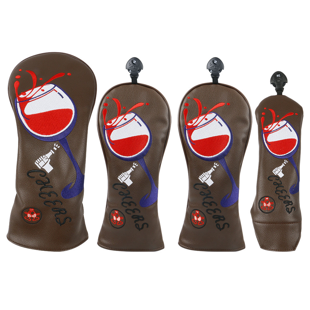Golf Head Covers, 4pcs/set Golf Club Covers for Woods and Driver Fairway Hybrid, PU Leather Golf Club Head Covers for Men Women Wine Glass Embroidery