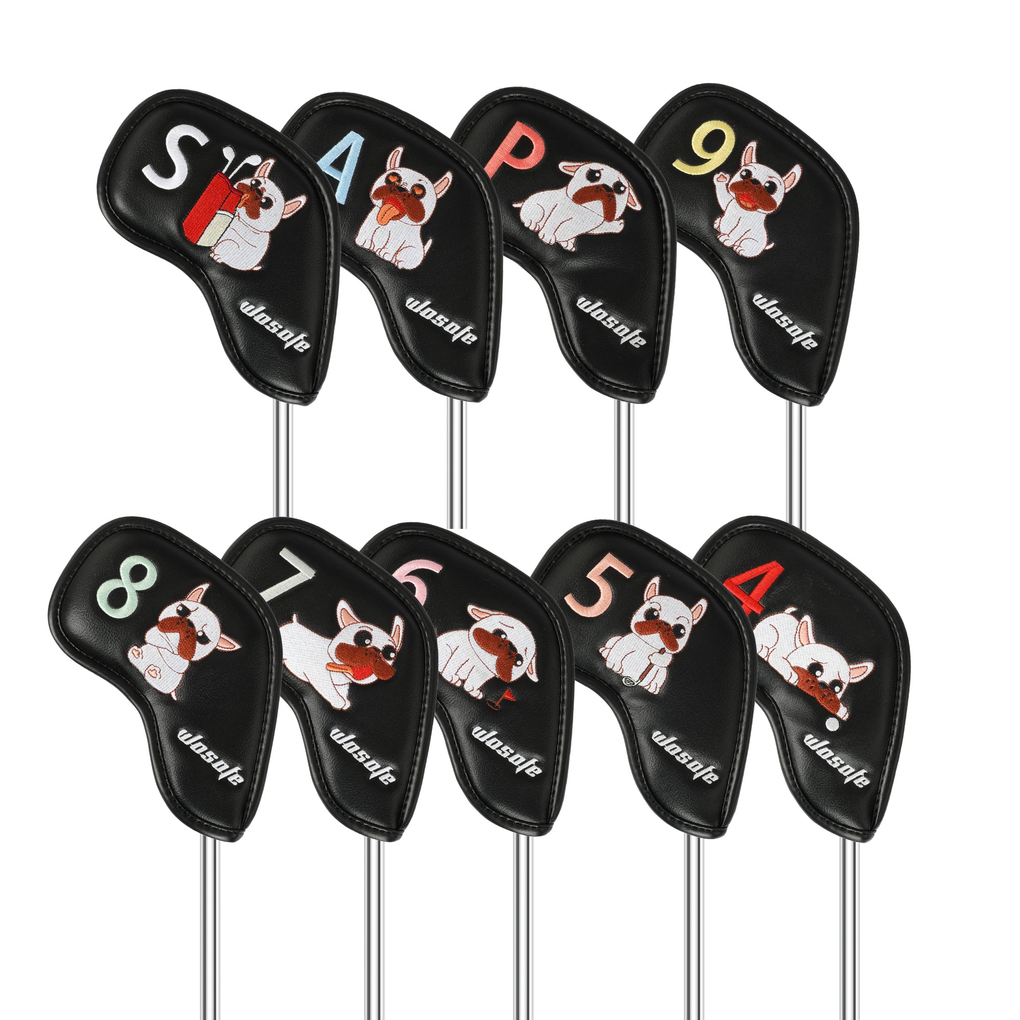 High Quality PU Golf Headcover, Embroidered French Bulldog Design Iron Club Golf Head Cover Set 9pcs Waterproof Durable Effective Protection Club