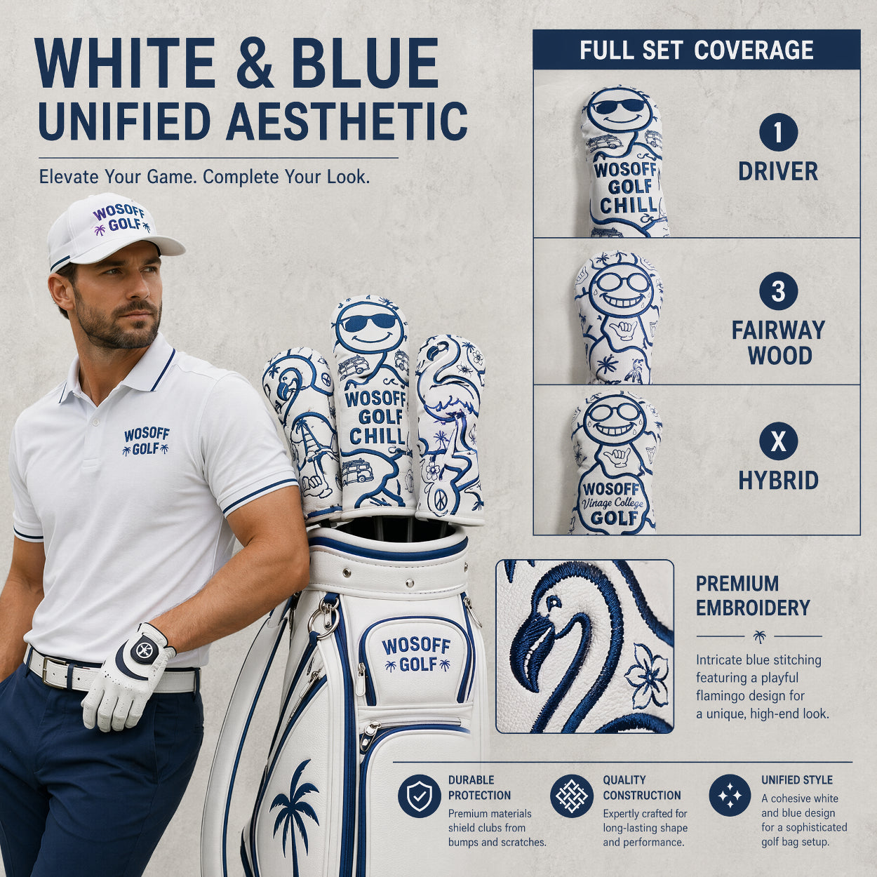 Wosofe Premium 3Pcs Golf Wood Headcover Set-3D Embroidered