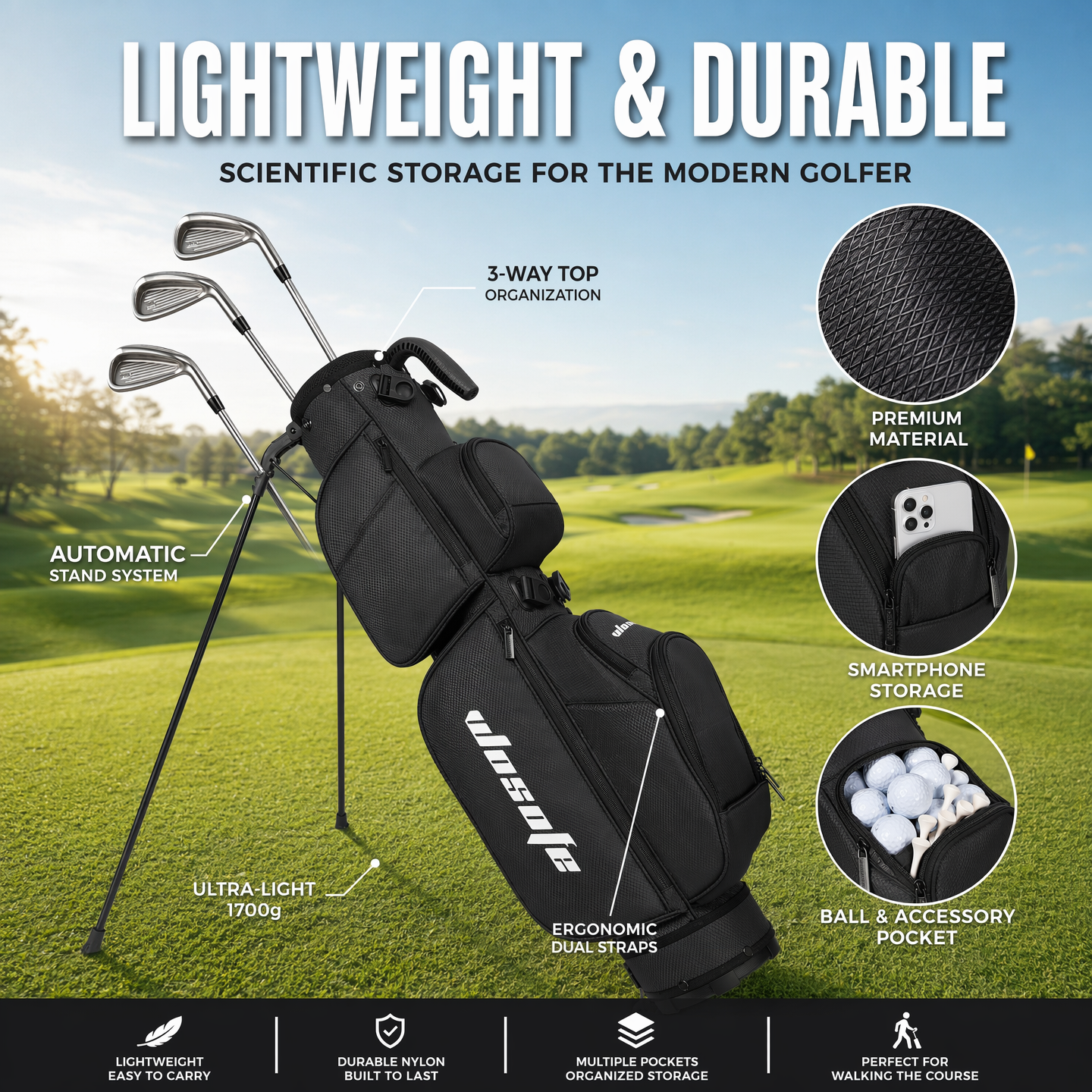 Lightweight 3-Way Golf Stand Bag  Ultra-Portable