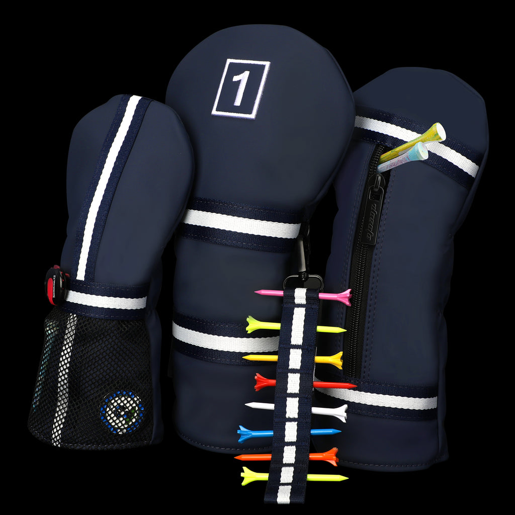 Matte Blue PU Leather Golf Headcover Set - 3pc Wood Club Covers (Driver, Fairway, Hybrid) with Mesh Pocket & Detachable Tee Holder Ribbon, Black Velvet Lining, Fits All Drivers & Woods