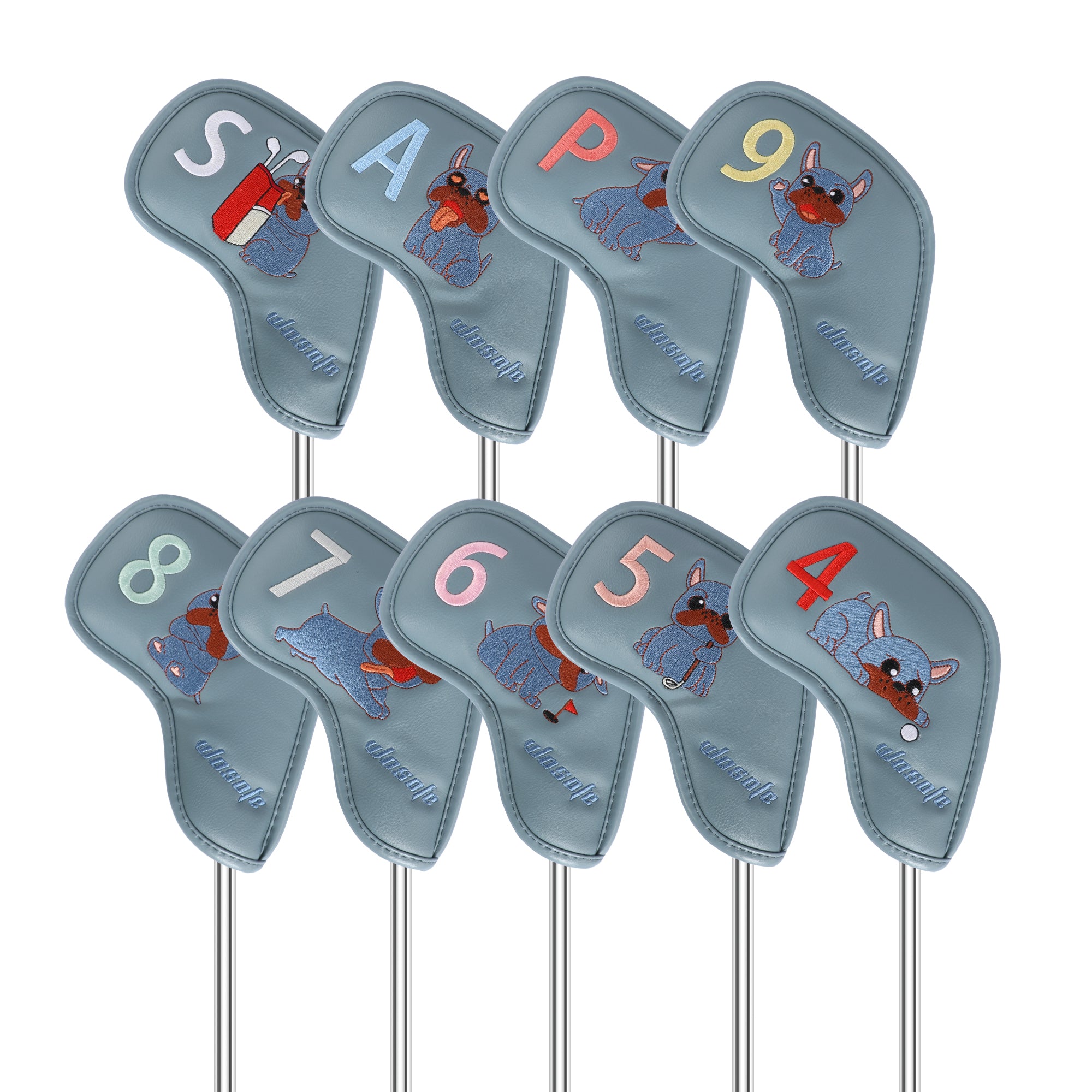 High Quality PU Golf Headcover, Embroidered French Bulldog Design Iron Club Golf Head Cover Set 9pcs Waterproof Durable Effective Protection Club