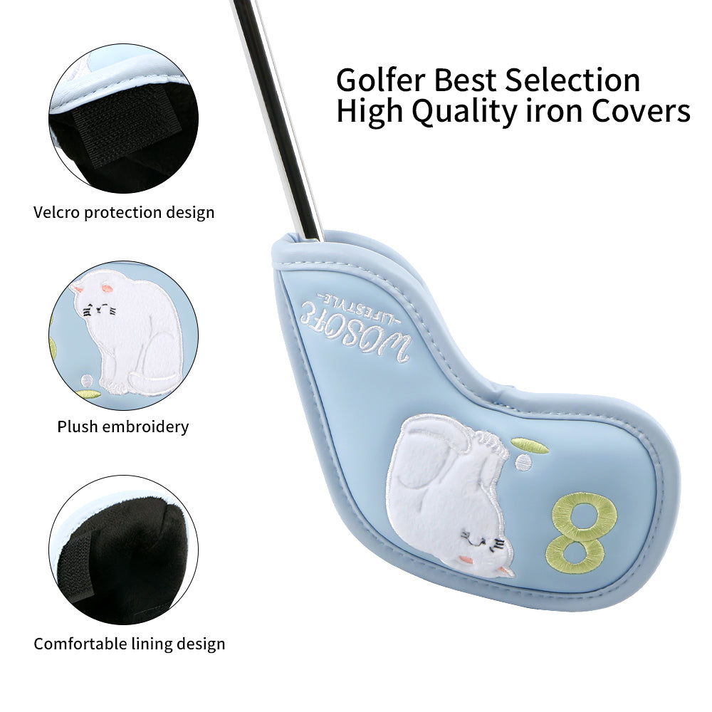 Cute Plush Cat Embroidery Golf Iron Headcovers Set - 9pcs Premium Waterproof PU Leather Protectors with Secure Velcro Closure & Soft Velvet Lining, Fits All Major Brands