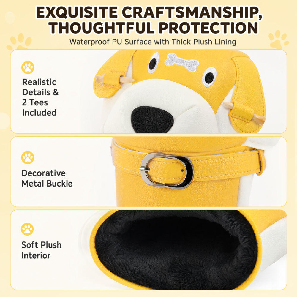 Cute Dog Motif Golf Driver Headcover - Premium Smooth PU Leather Wood Club Protector with Quilted Stitching & Velvet Lining, Fits All 460cc Drivers, 4 Colors Available