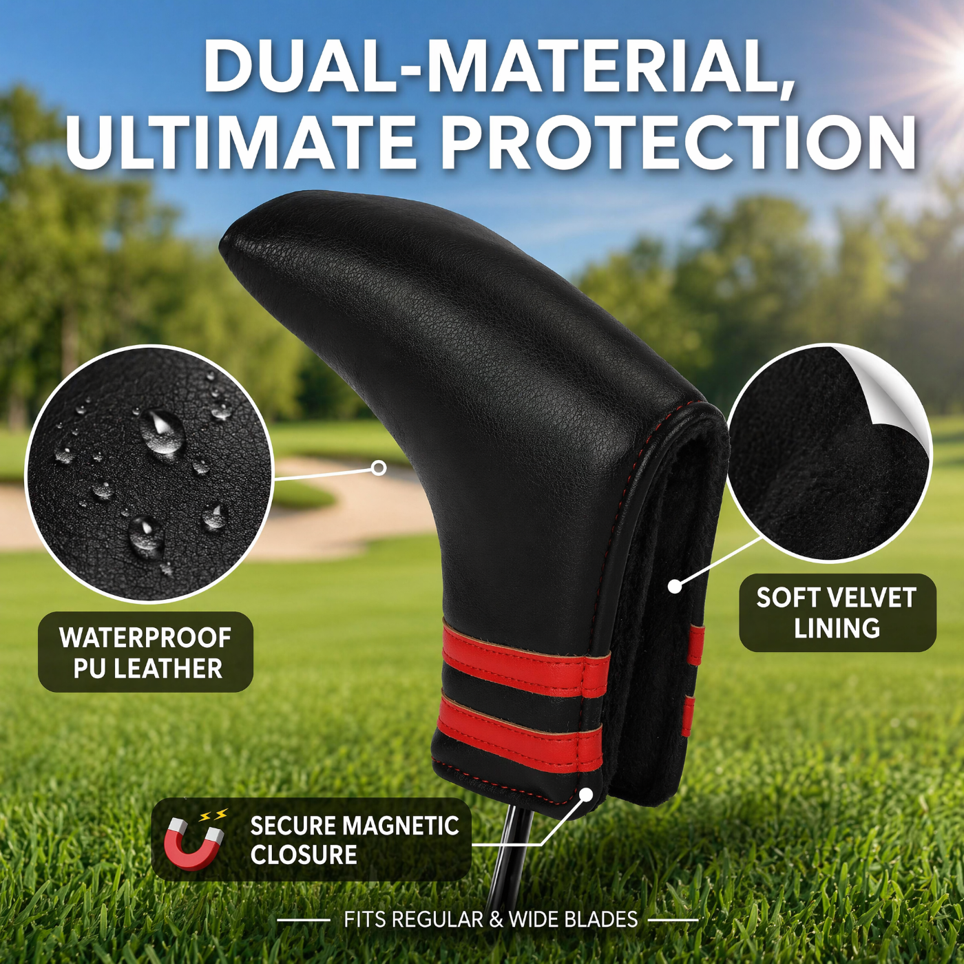 Premium Blade Putter Cover - Magnetic PU Leather Golf Headcover with Applique Embroidery & Velvet Lining, 5 Colors, Fits Scotty Cameron, Odyssey, Newport & Blade Putters