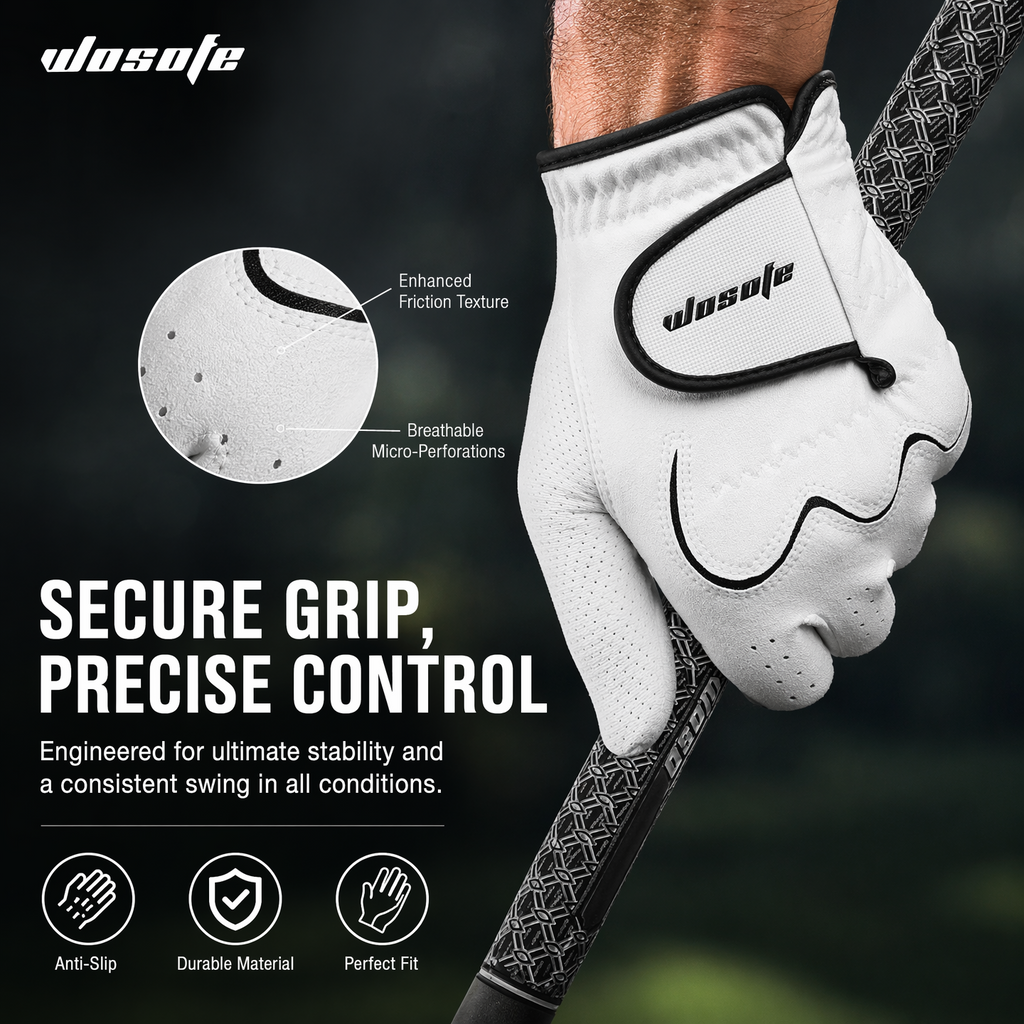 wosofe Men’s Golf Glove Left Hand Non-Slip Breathable Lycra Nanocloth Soft Comfortable No Sweat All Weather Liner and Green Fork