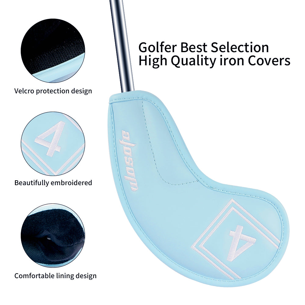 Golf Headcover,PU Leather Iron Head Cover 9 Pcs/Set Waterproof Durable Macaron Color Palette Embroidery Design