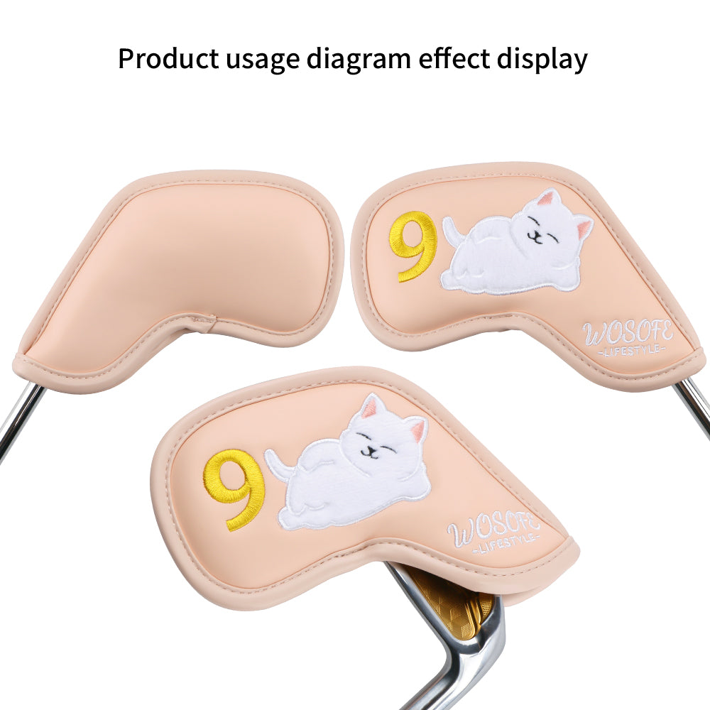 Golf Headcovers,Premium PU Leather  Waterproof Durable High-density Embroidered Club Label And Cat Pattern Club Head Cover Set of 9 Fits Most Clubs