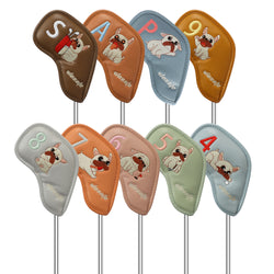 PU Golf Headcover Embroidered French Bulldog Design Iron Club Golf Head Cover Set 9pcs Waterproof Durable Effective Protection Club