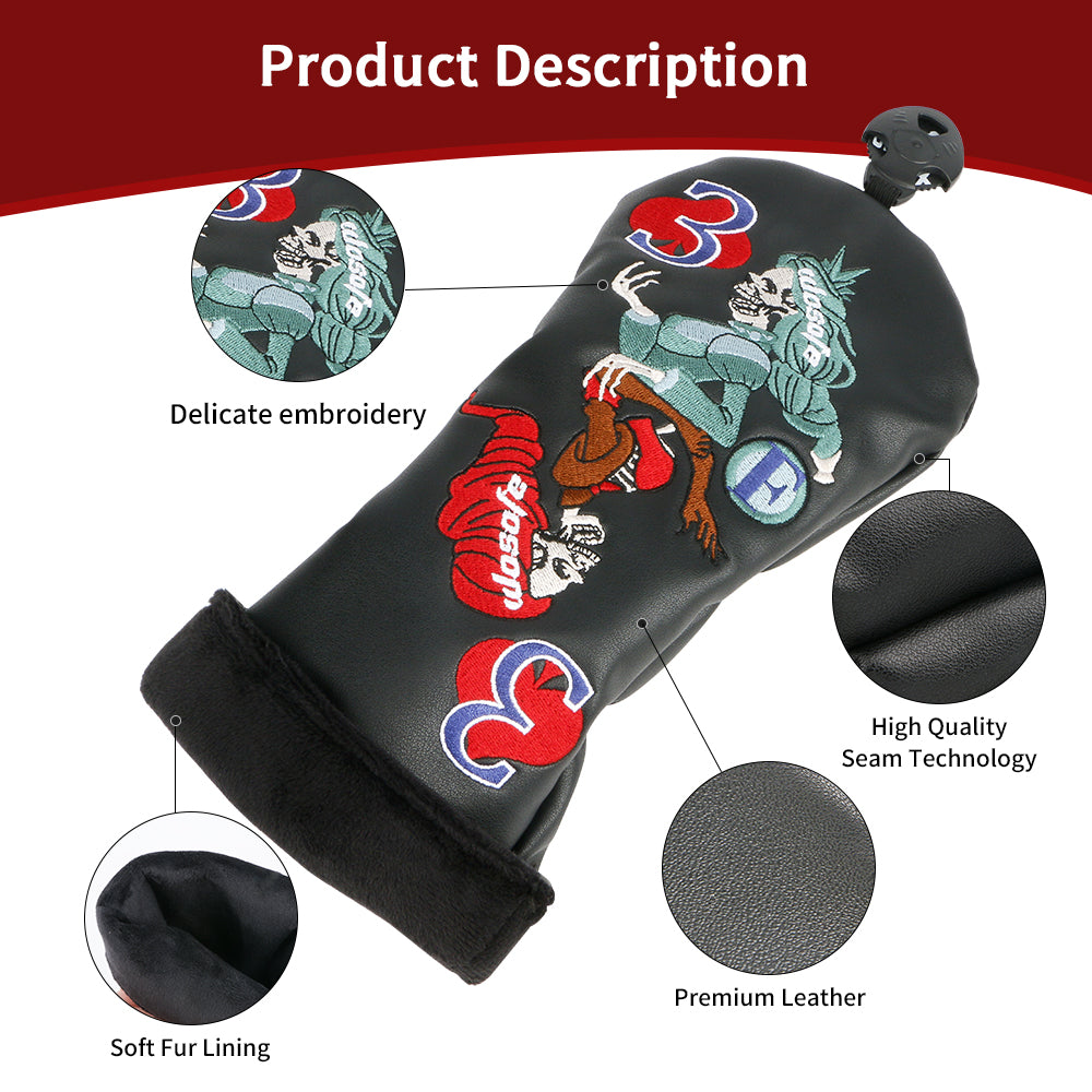 Golf wood headcover Scratch-proof waterproof furable fits 1/3/5 wood/UT skull playing card embroidery design