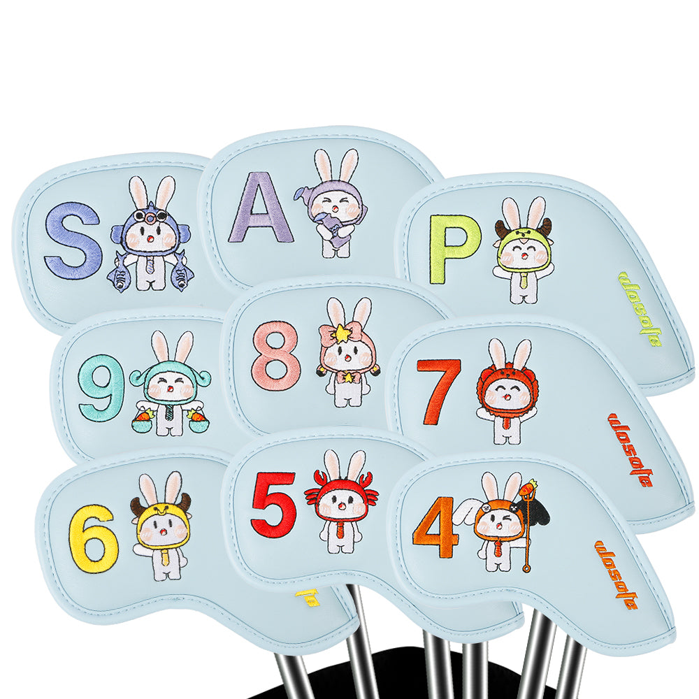 Golf Headcover High Quality Premium Pu Leather Iron Head Cover 9 Pcs Density Embroidery Rabbit Design Bunny Party Iron Cover Set